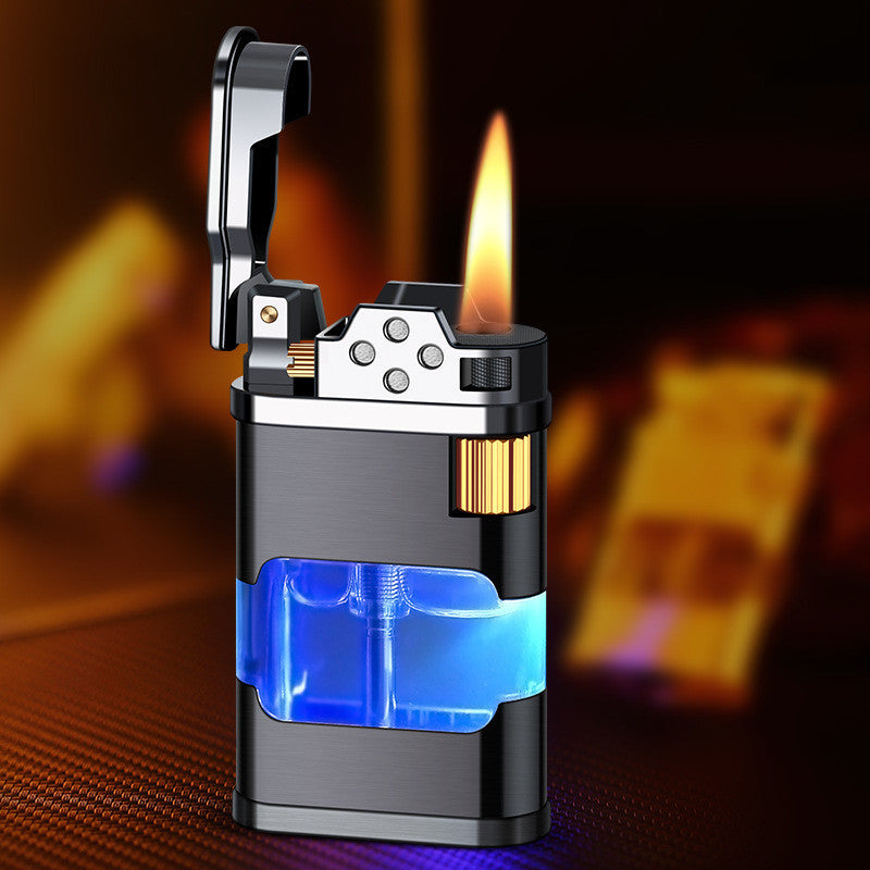 Briquet Rétro à Tir Direct Aéré, Réservoir d'Huile Transparent avec Lumière