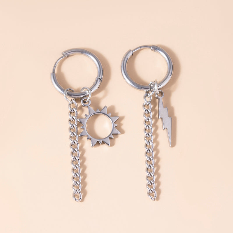 Hip Hop Stainless Steel Asymmetric Earrings Fashion Silver Sun Lightning Charm Metal Tassel Earrings For Women Men