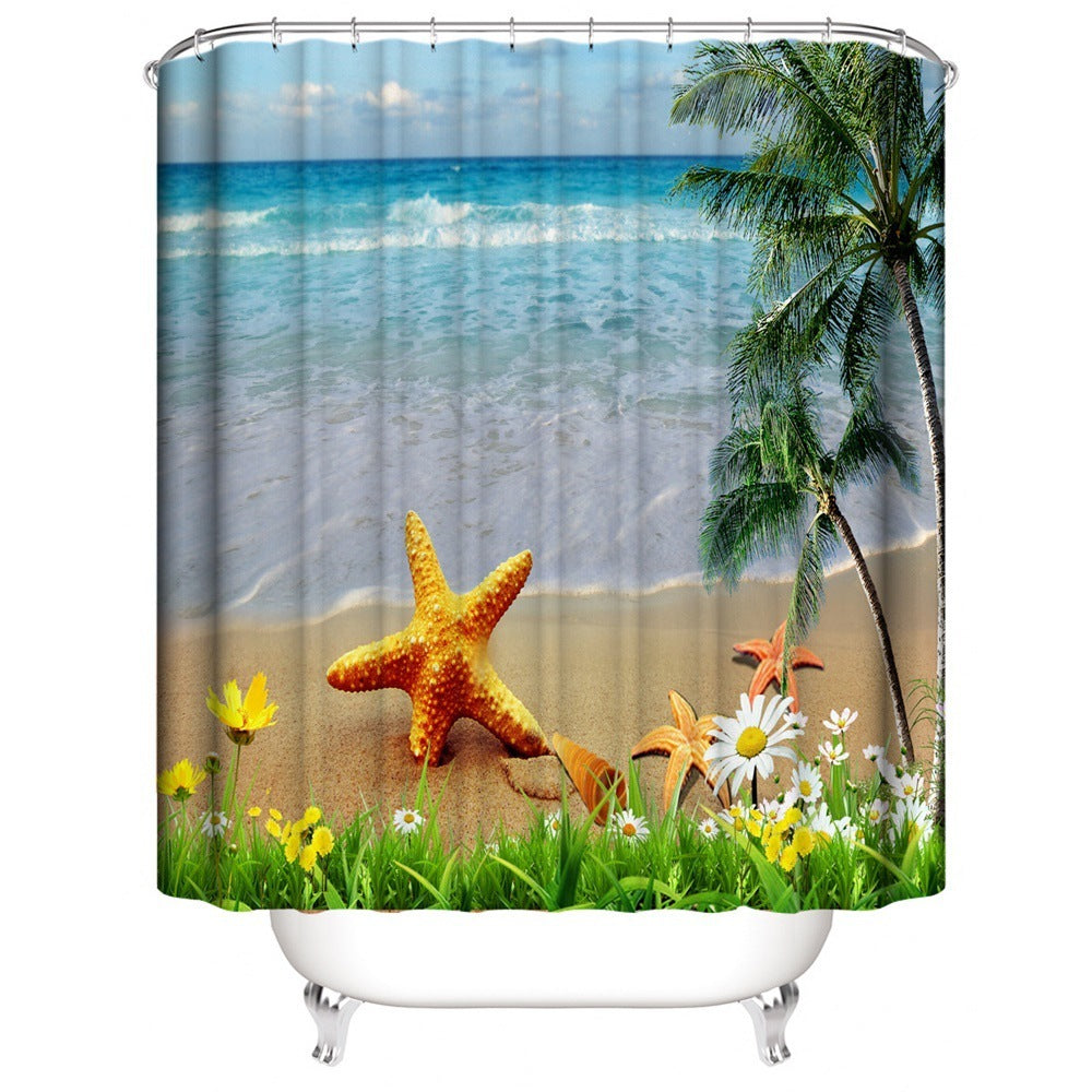 Beach Shell Printed Shower Curtain Carpet Bathroom Mat Four Piece Set