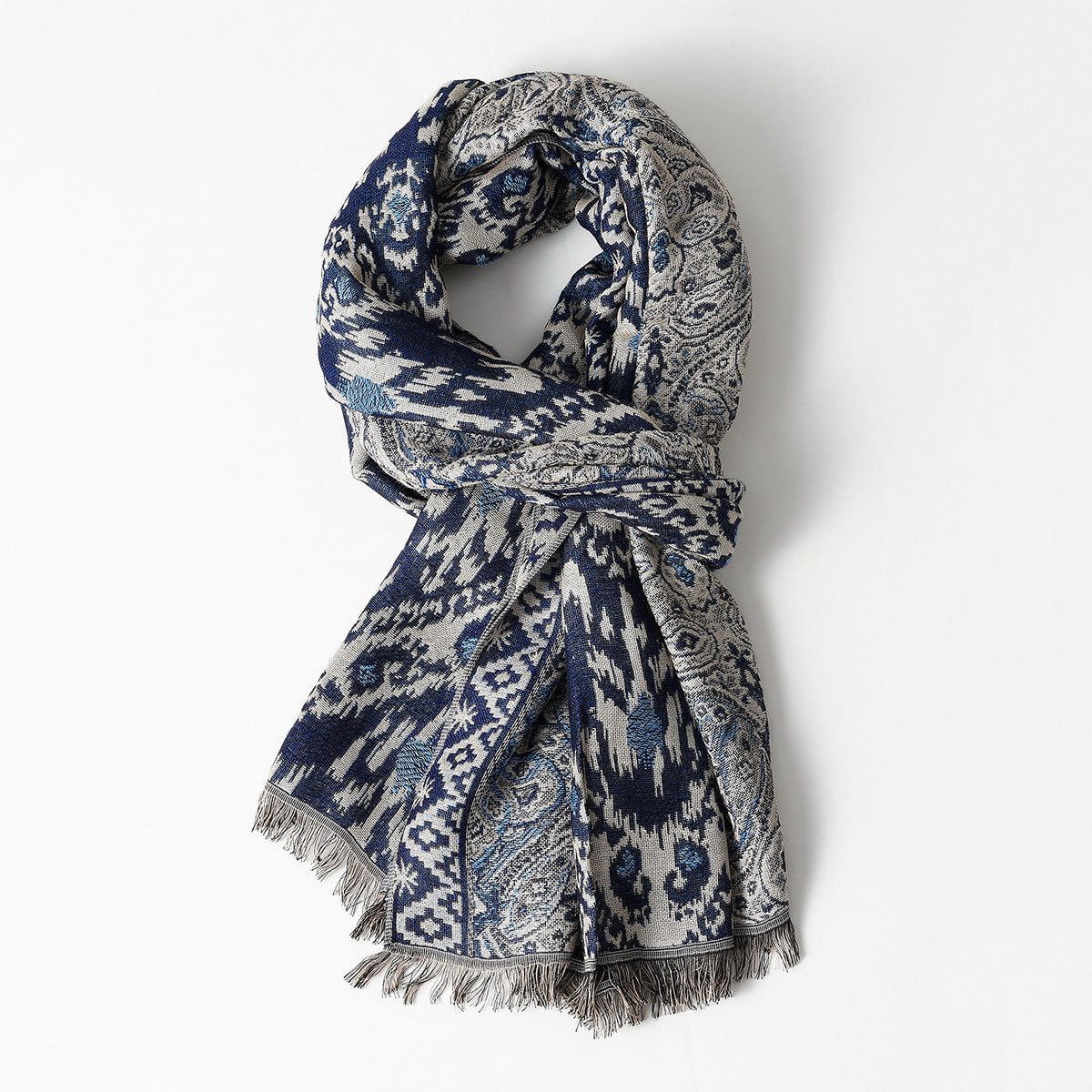Ethnic Style Casual Men's Cotton Jacquard Scarf Tassel Soft Warm Scarf