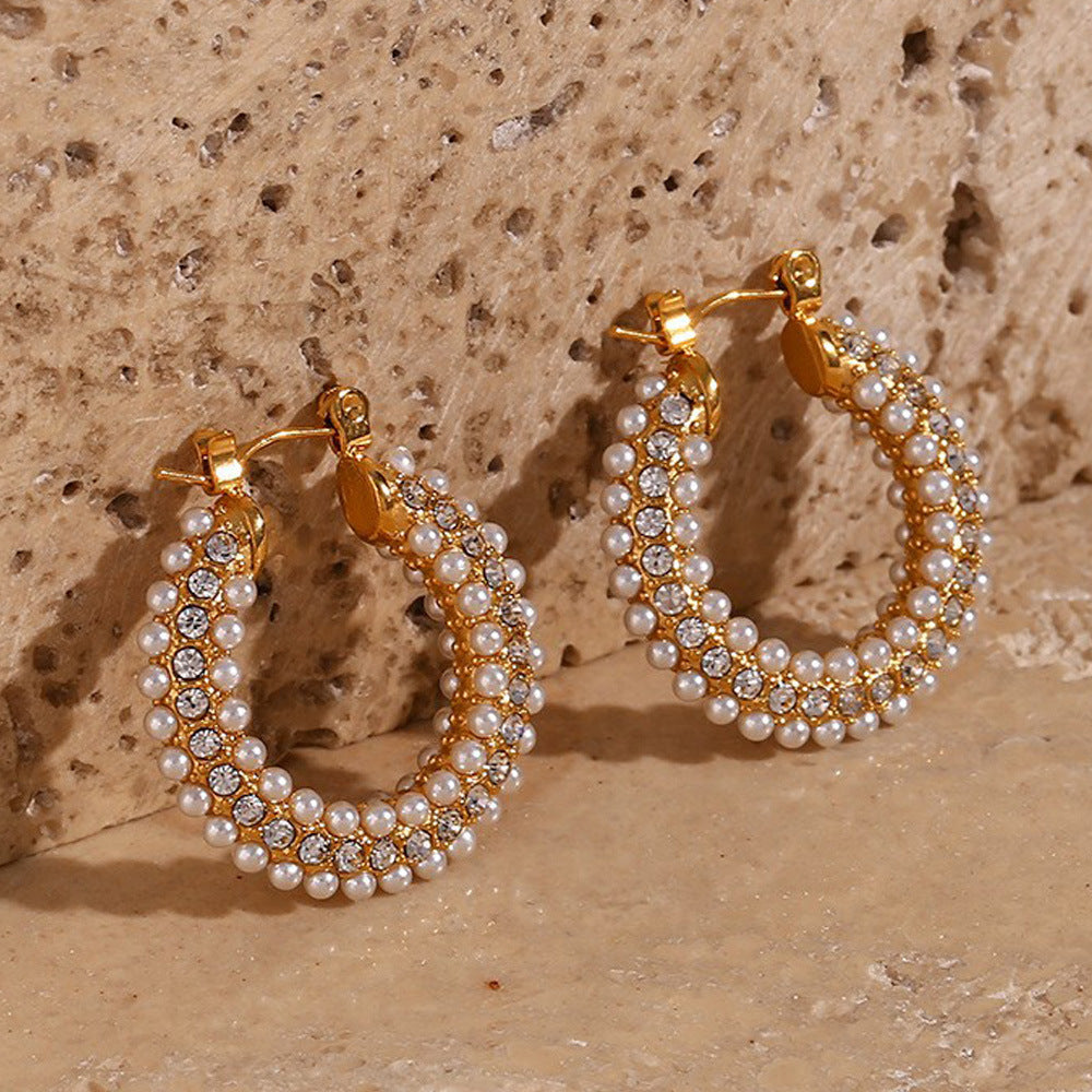 Stainless Steel Plated 18K Ring Set With Zircon Pearl Earrings For Women