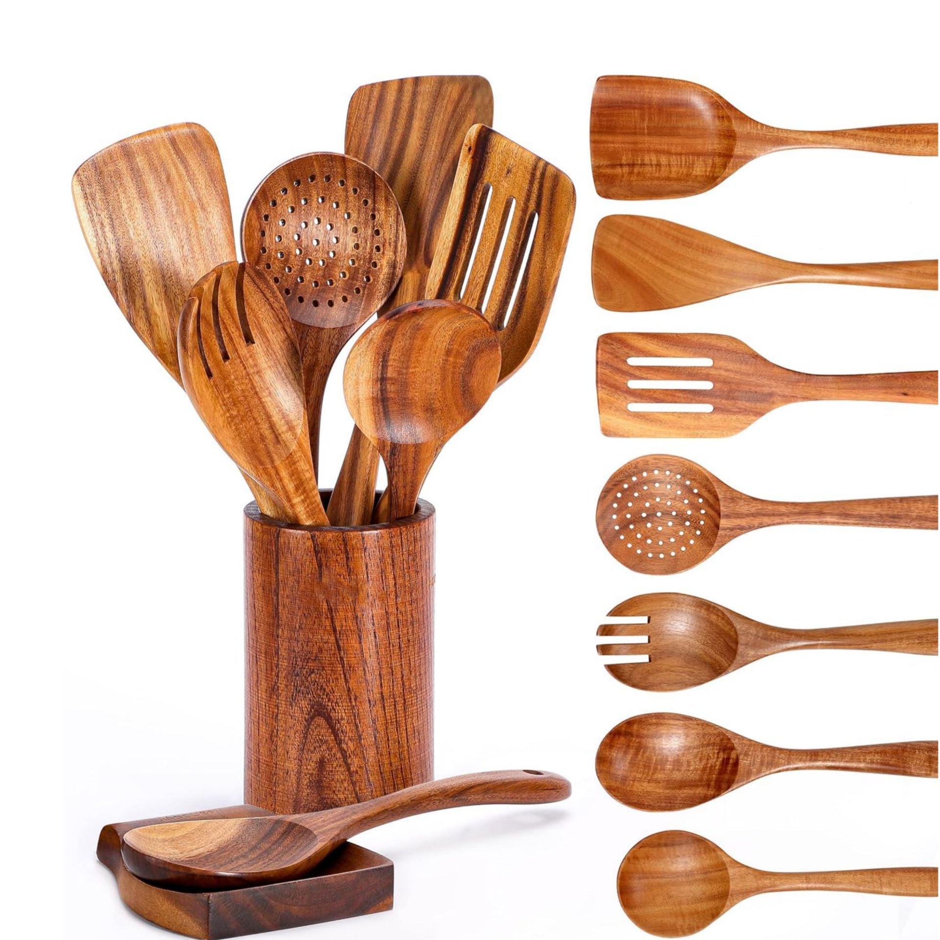Acacia Mangium Spatula 7-piece Kitchen Salad Mixing Pasta Spoon Slotted Turner