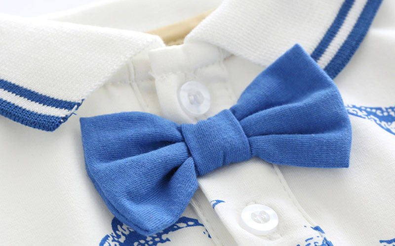 Gentleman Bow Tie Whale Print Romper Top Suit Boy Handsome Year-old Suspender Pants