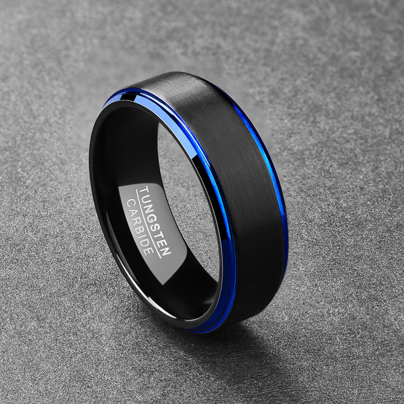 Bague pour homme en acier au tungstène noir plaqué à bord dépoli bleu