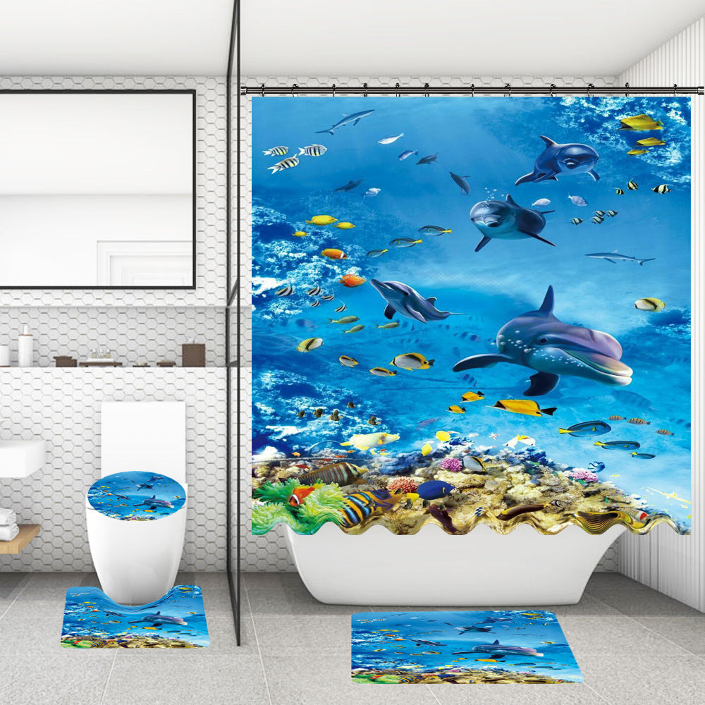 Bathroom Shower Curtain Floor Mat Suit Ocean World Printing