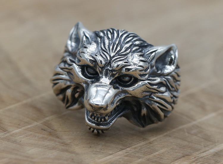 S925 Sterling Silver Wolf Head Ring Men's Accessories