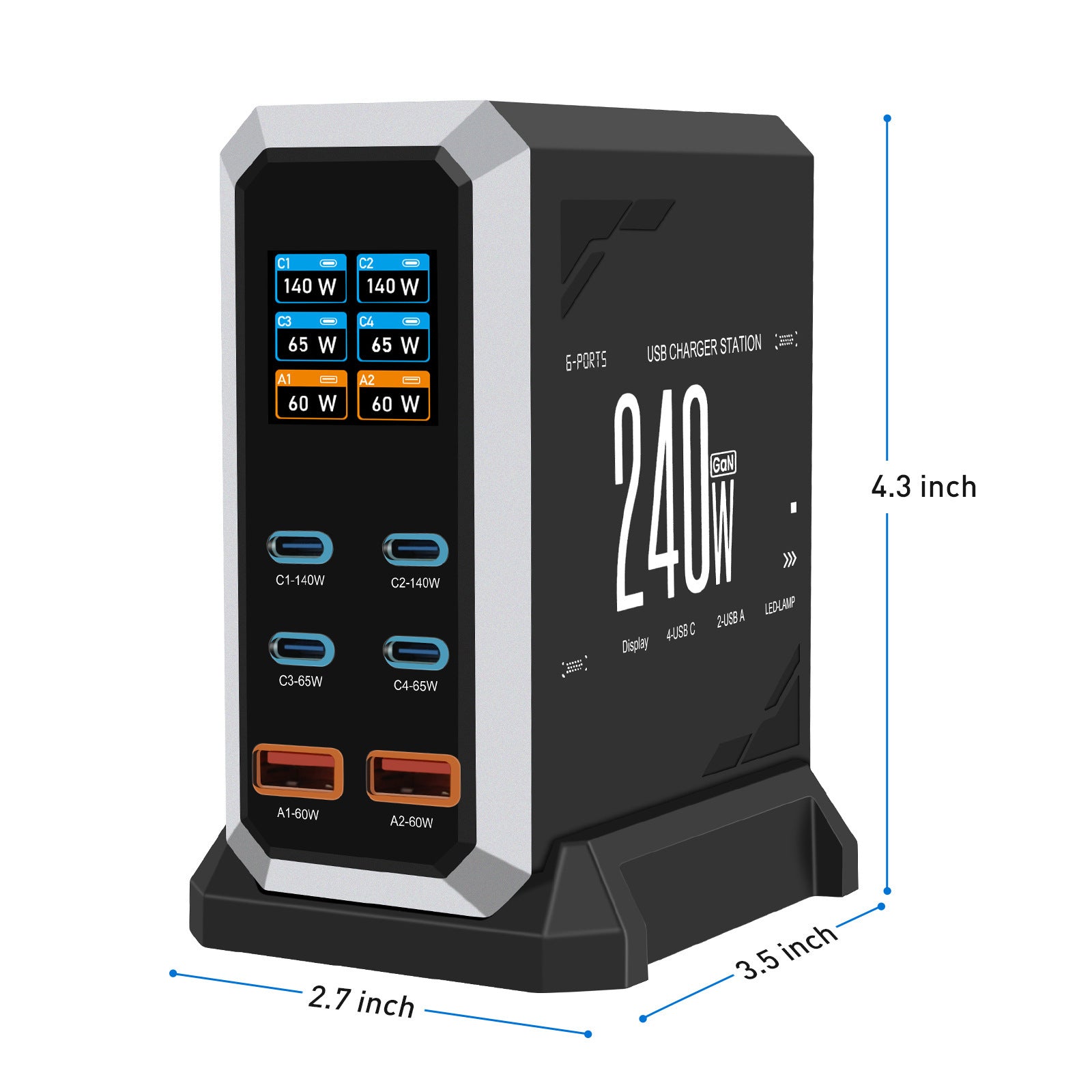 Multi-port USB Charger 240W Dynamic Display