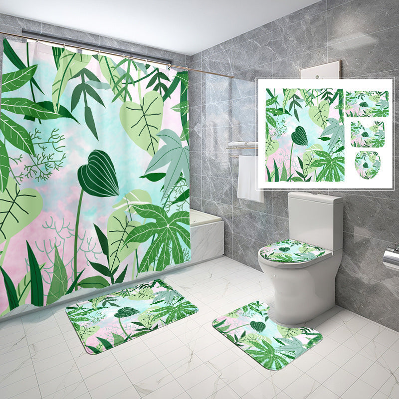 Natural Wind Leaves Printing Toilet Waterproof Shower Curtain Non-slip Floor Mat