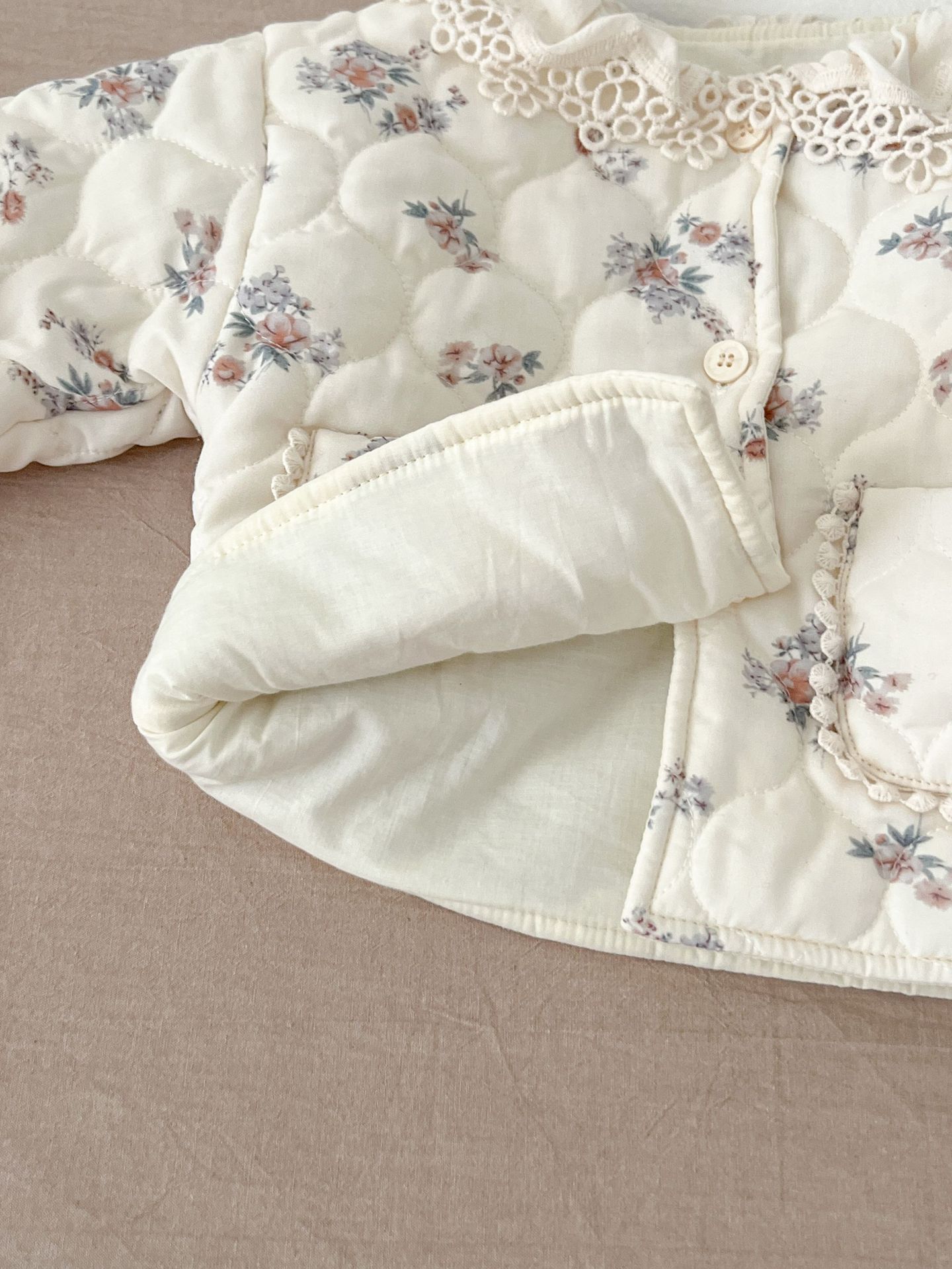 Winter Korean Style Baby Girl Floral Suit Lace Pocket Strap Romper Outwear Warm Two-piece Suit