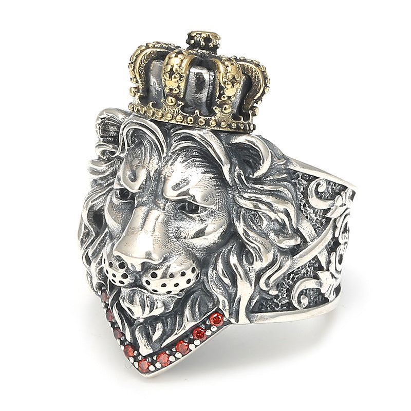 Vintage Crown Lion King Sterling Silver Cross Male Lion Head Ring