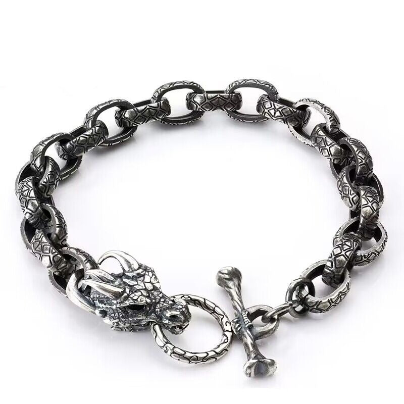 Domineering Dragon Head Vintage Thai Silver Men's Bracelet