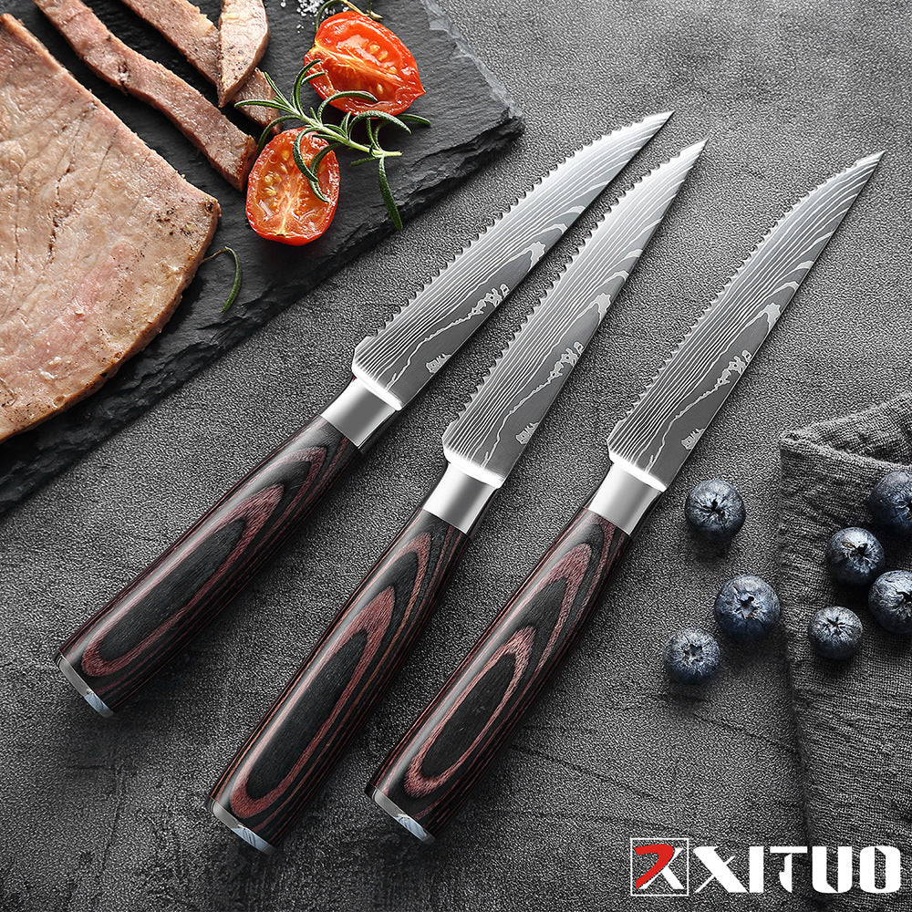 Western Steak Knife Damascus Pattern Stainless Steel Serrated Knife