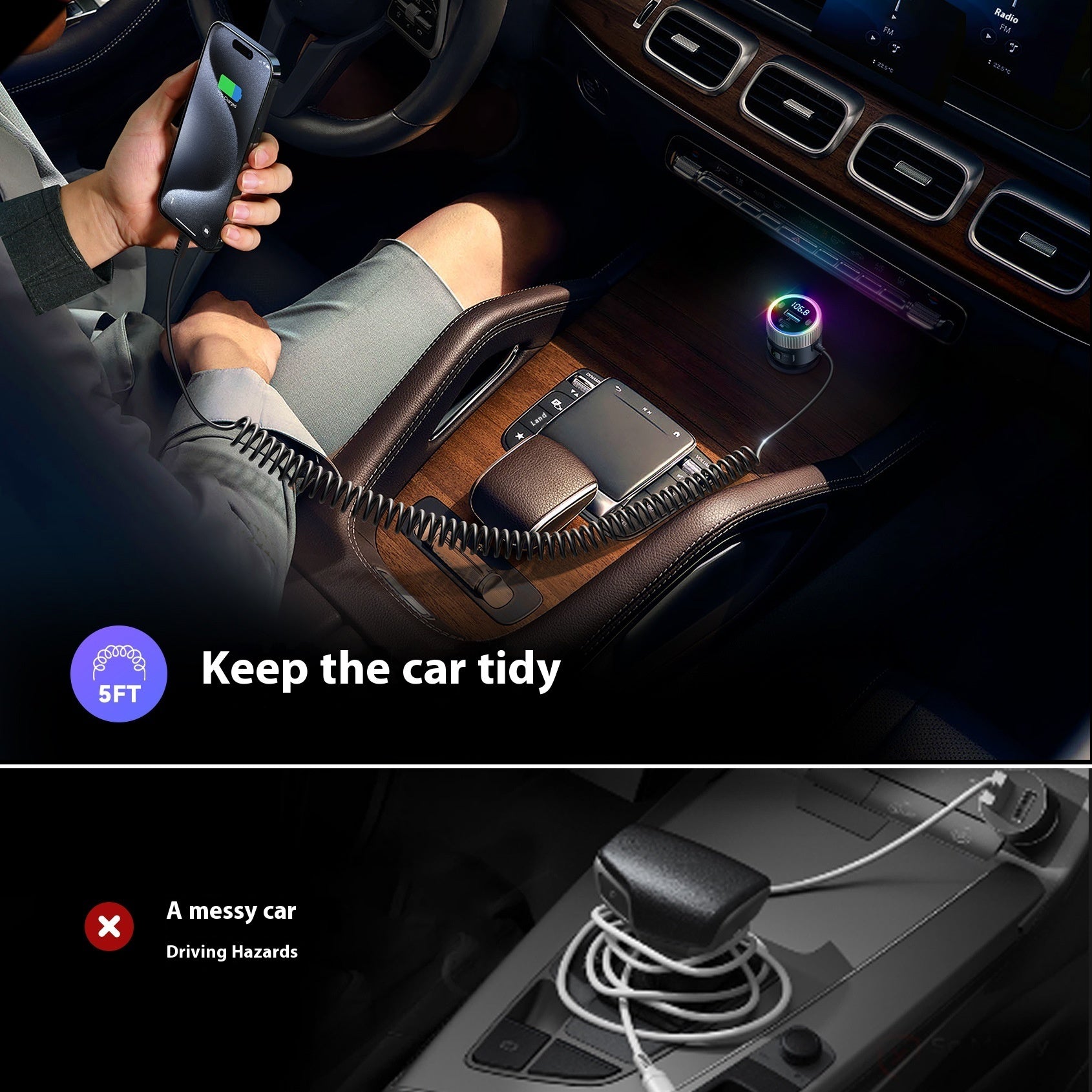 Car Bluetooth Transmitter Digital Display 60W Fast Car Phone Charger With Spring C Line