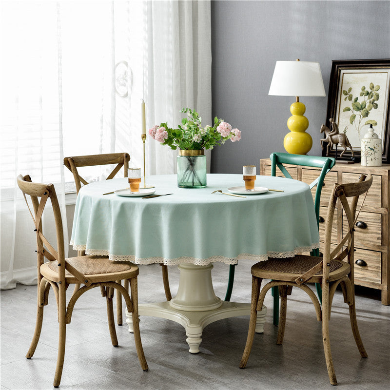 Waterproof Solid Color Faux Cotton Linen Lace Round Dining Tablecloth