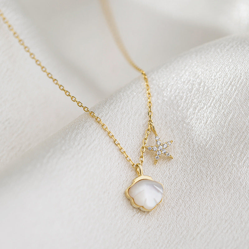 Sterling Silver Shell Starfish Necklace Niche Design Senior Mother Shell Diamond Short Clavicle Chain