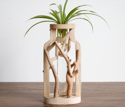 Pure Handwork Wooden Vase Decorated Solid Wood Flower Pot For Creative Glass Floral Hydroponic Container Home Decorative Vase