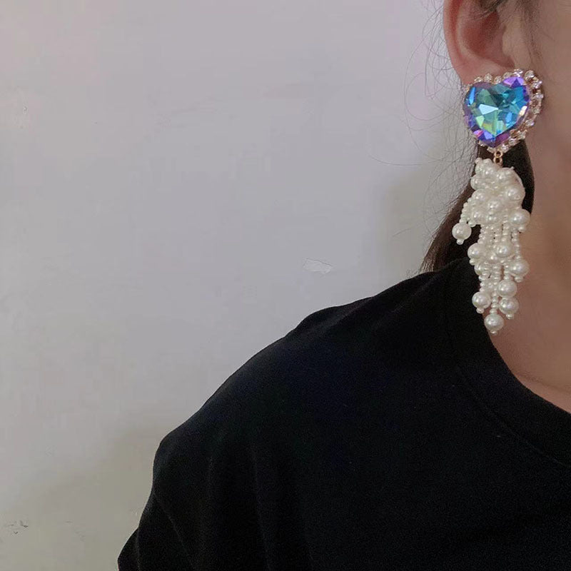 Diamond Crystal Pearl Fringe Exaggerated Earrings