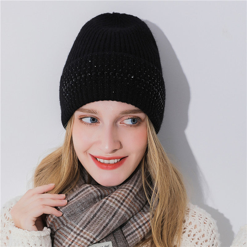 Warm High-End South African Rhinestone Fashion Knitted Pullover Cap