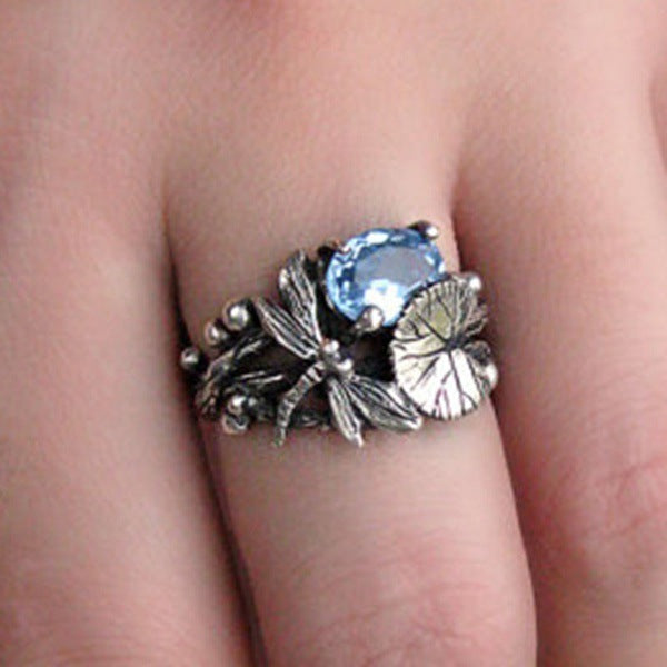 Hot, creative, dragonfly, lotus ring, female, European and American retro Thai silver inlaid topaz rings.