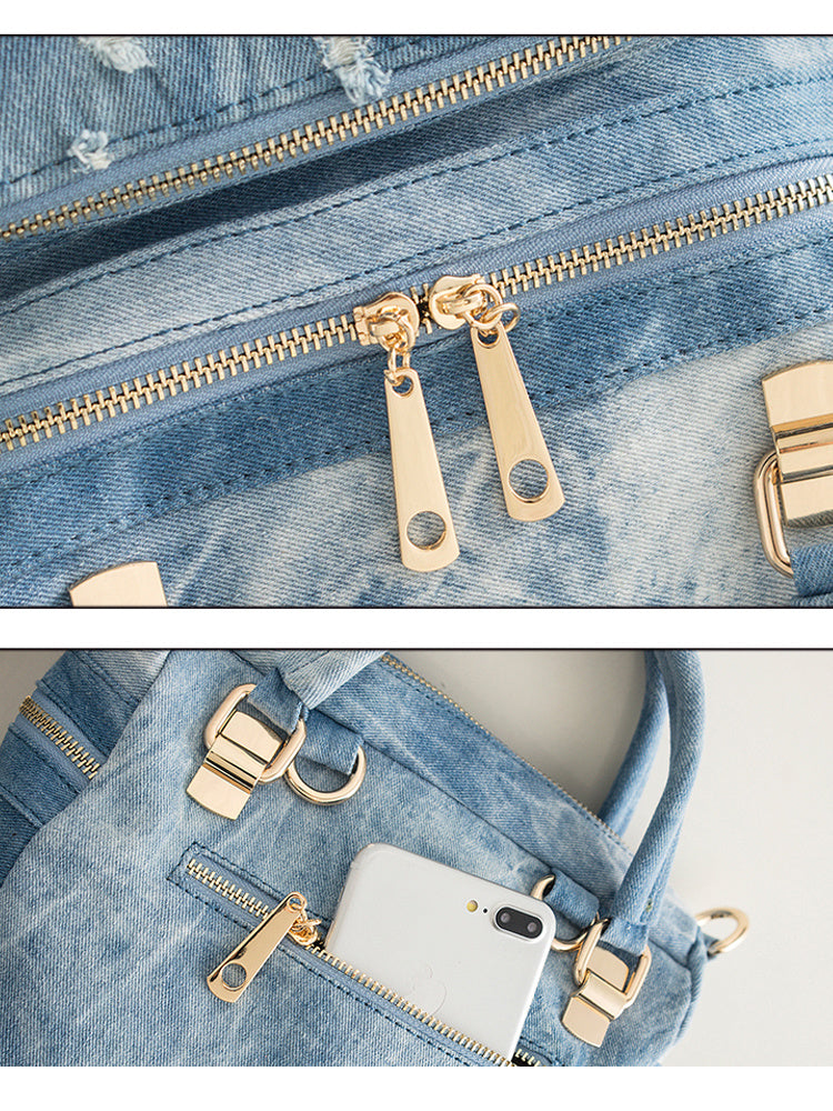 Frayed Flower Denim Backpack Large Capacity Multifunctional Hand Bill Shoulder Bag