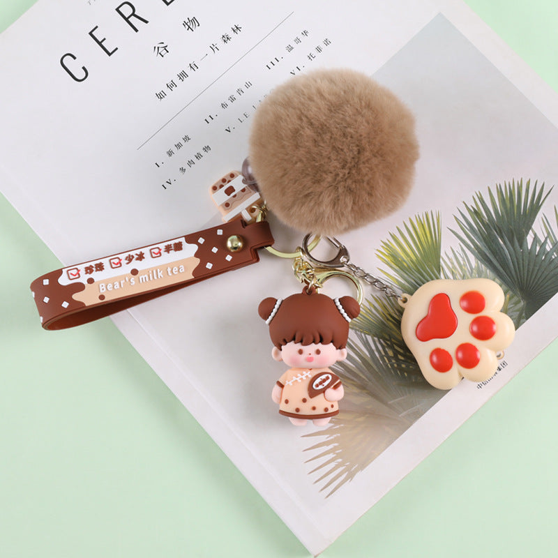 Crystal Milk Tea Cup Leather Rope Key Chain Ring Cartoon Hair Ball