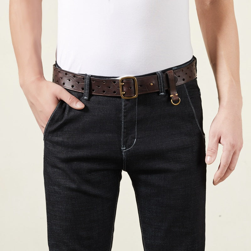 Double Needle Copper Buckle Men's Belt Retro Head Layer Pure Cowhide