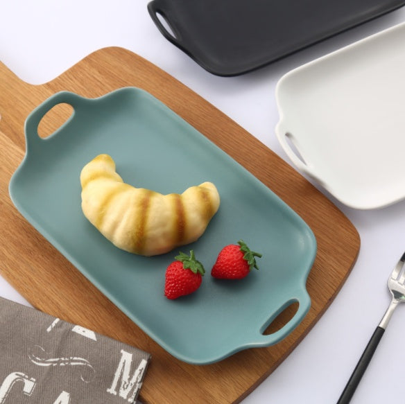 Japanese simple double ear baking tray, home ceramic tableware, matt glaze, rectangular plate, dessert plate