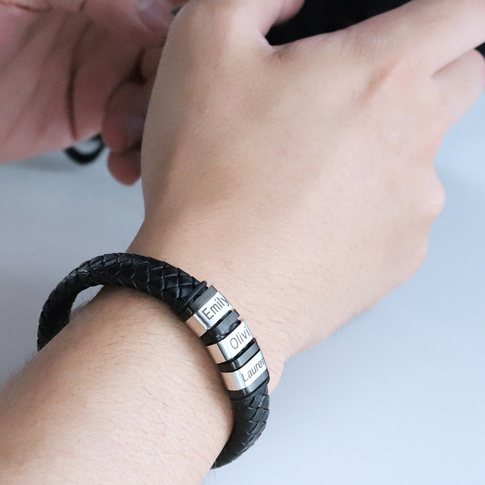 Personalized Men Name Leather Bracelet Black Woven