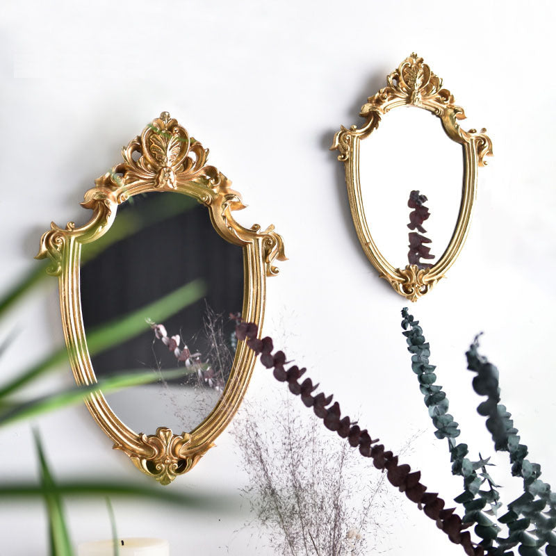 Vintage old golden embossed hollow makeup mirror