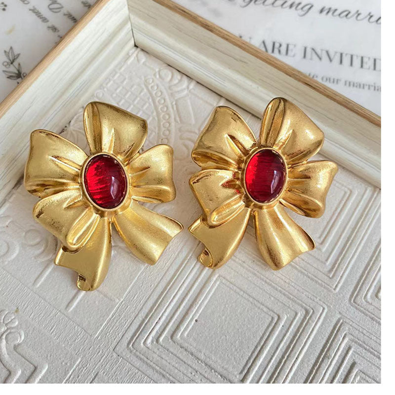 Plain Gold Bowknot Glass Stud Earrings Retro Exaggerated Simple Fashion