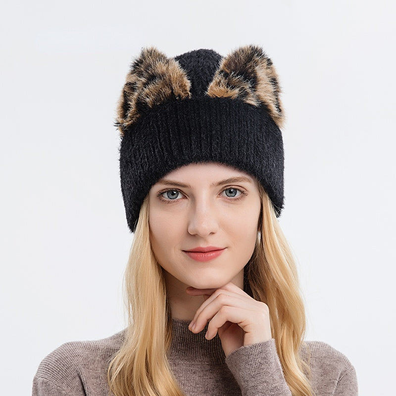 New Leopard Print Cat Ear Stretch Knitted Woolen Hat