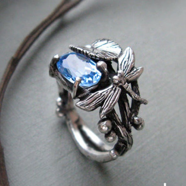 Hot, creative, dragonfly, lotus ring, female, European and American retro Thai silver inlaid topaz rings.