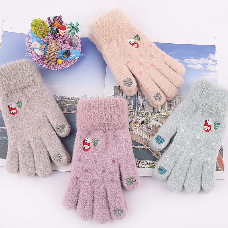 Padded And Thickened Warm Snowman Embroidered Touch Screen Gloves