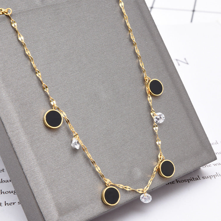 Chaîne Vague d'Eau Zircon Cheville Petit Pendentif Rond Noir Cheville Fille Or