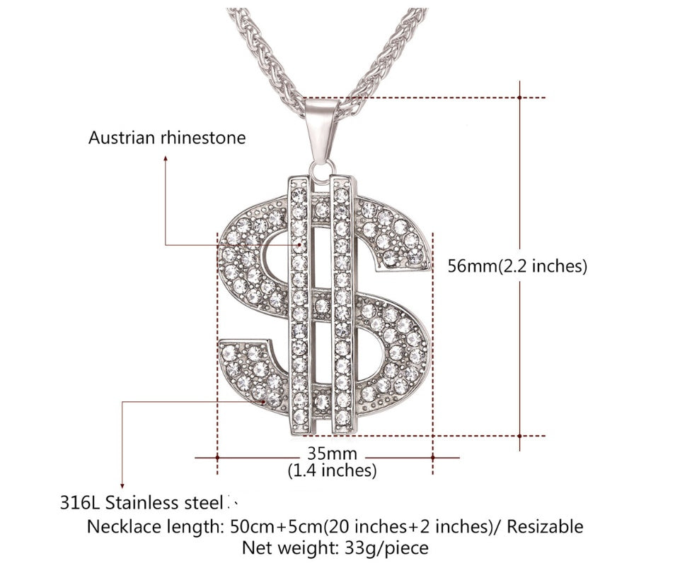 European and American exaggerated jewelry Hip-hop style diamond-studded dollar symbol necklace Personality men and women pendant