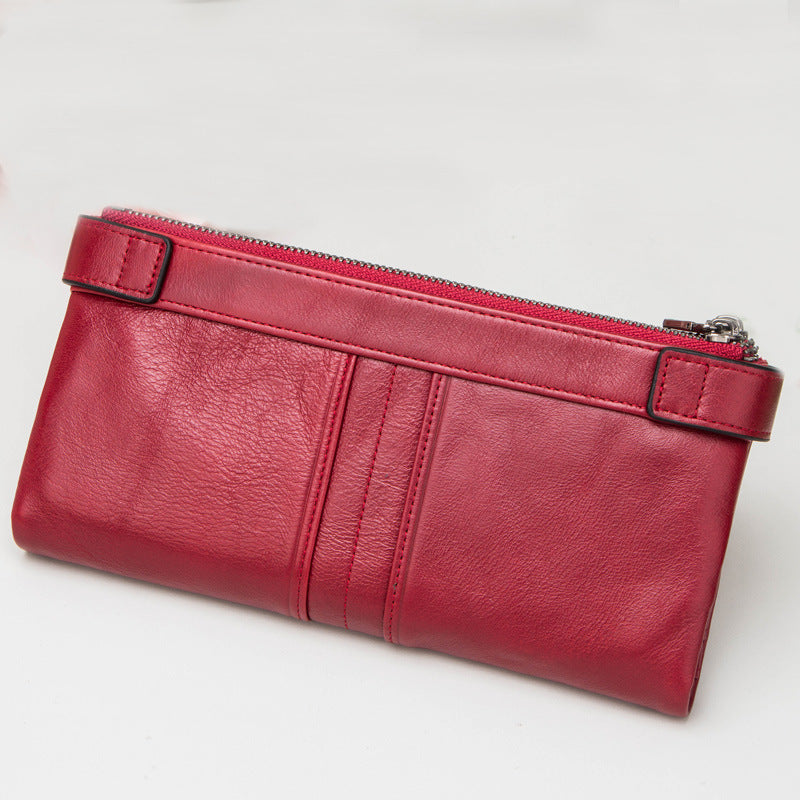Portefeuille Femme en Cuir de Vachette Deux Volets Long Pochette à Fermeture Éclair pour Femme
