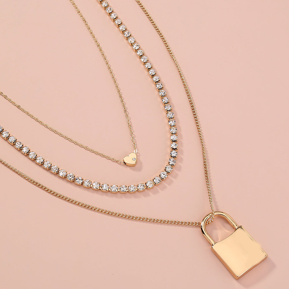 Fashion exaggerated personality lock pendant multi-layer Diamond Gold Necklace woman