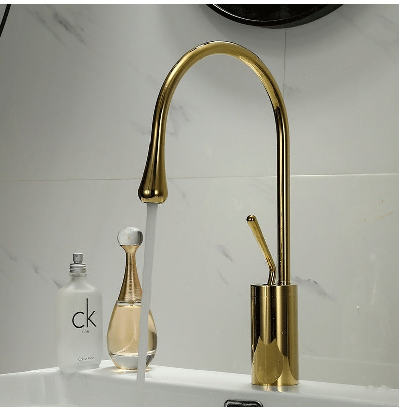 Water Drop Brushed Gold Copper Body Basin Wash Basin Rotating Faucet