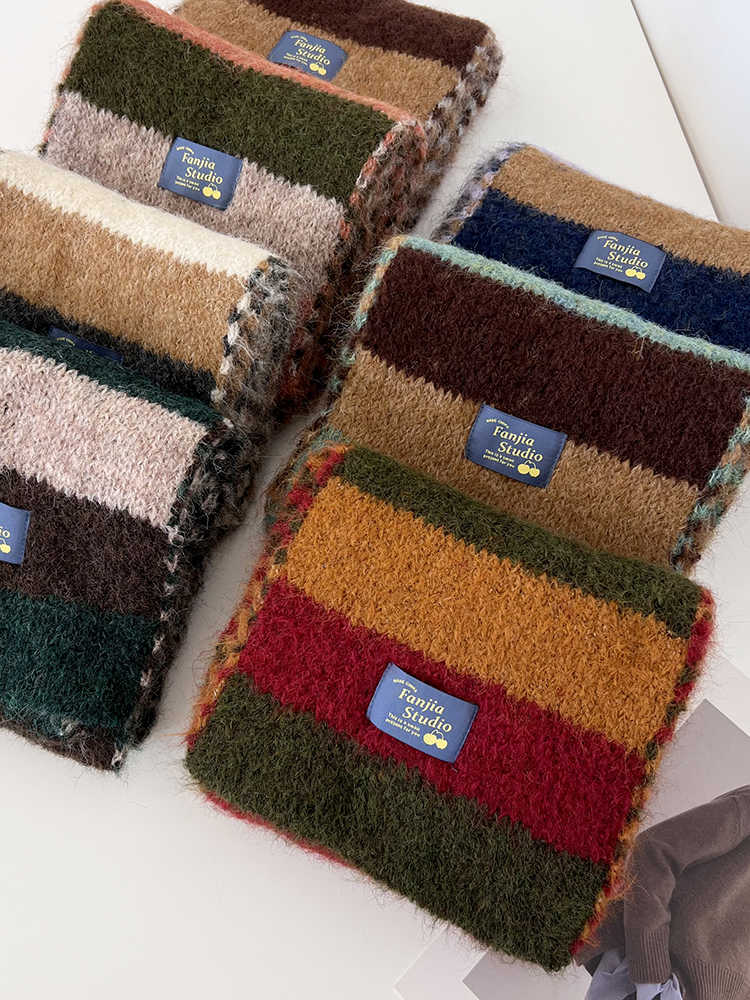 Versatile Soft Yarn Dopamine Contrasting Striped Double-sided Scarf For Women