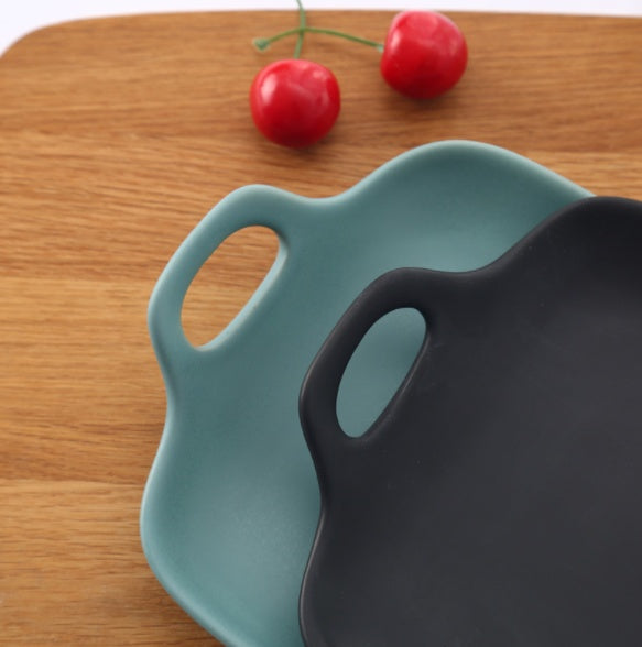Japanese simple double ear baking tray, home ceramic tableware, matt glaze, rectangular plate, dessert plate