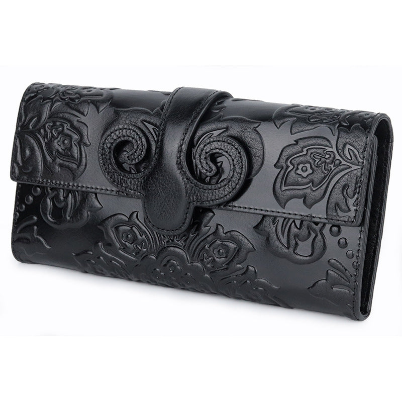 Women's long wallet with first layer oil wax leather