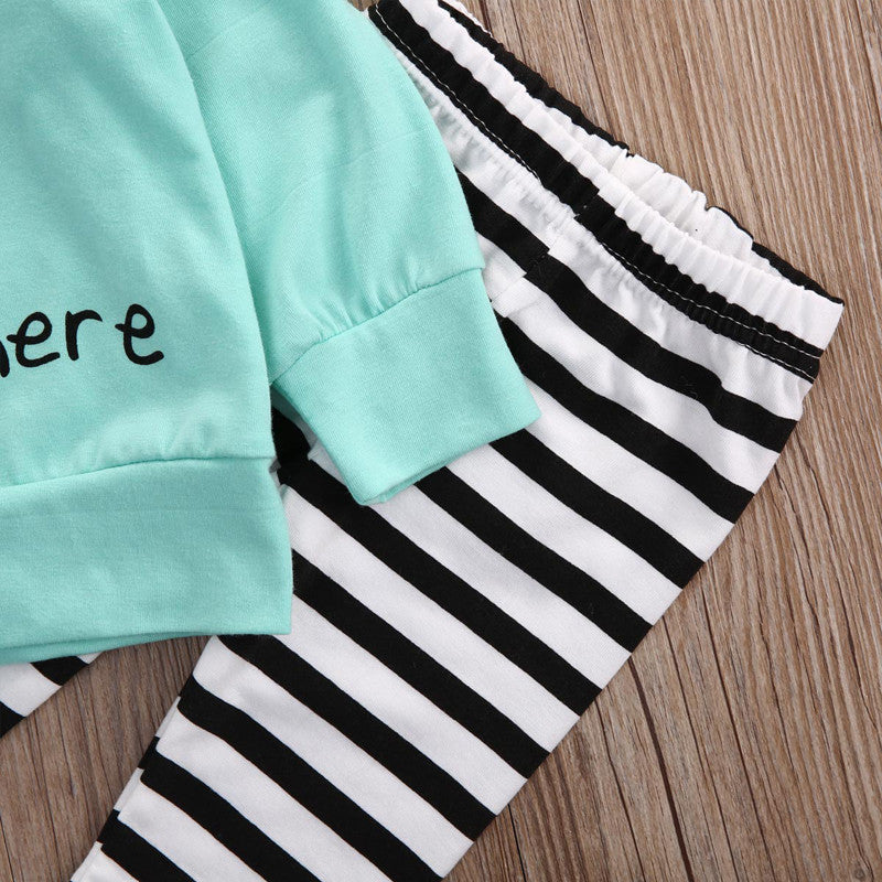Long Sleeve Green Baby Bottle Hooded Sweatshirt Striped Pants