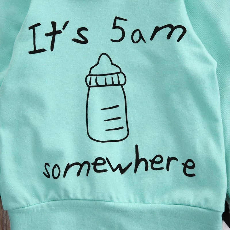 Long Sleeve Green Baby Bottle Hooded Sweatshirt Striped Pants