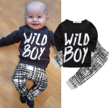 Two Piece Cotton Letter WILDBOY Checkered Trousers For Infants