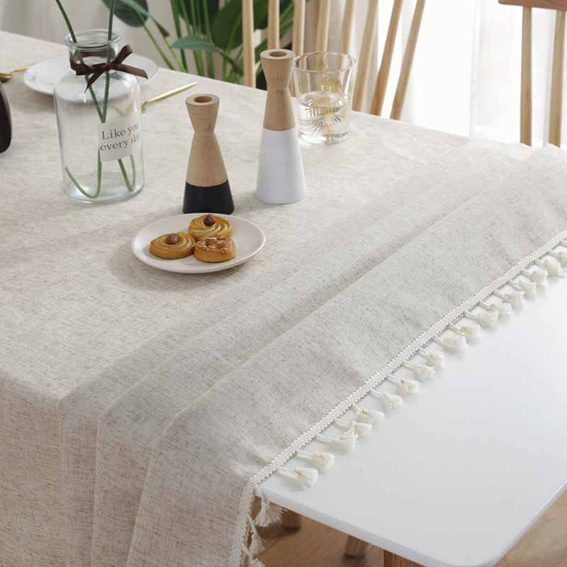 Nordic Simple Slub Hemp Solid Color Tassel Tablecloth