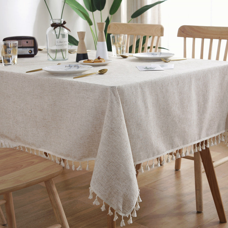 Nordic Simple Slub Hemp Solid Color Tassel Tablecloth
