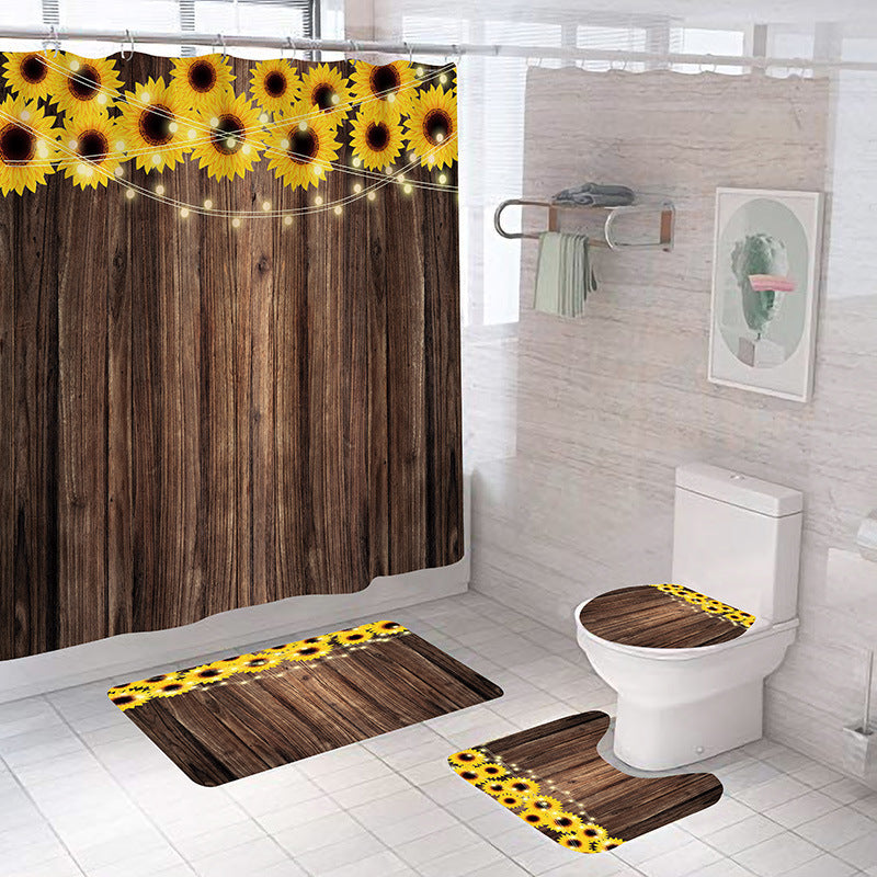 Polyester Printing Sunflower Shower Curtain Bathroom Waterproof Shower Curtain Non-slip Mat Floor Mat Four-piece Set