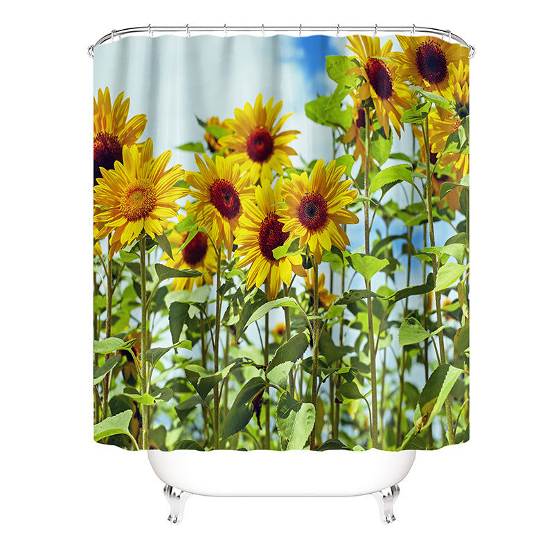 Polyester Printing Sunflower Shower Curtain Bathroom Waterproof Shower Curtain Non-slip Mat Floor Mat Four-piece Set