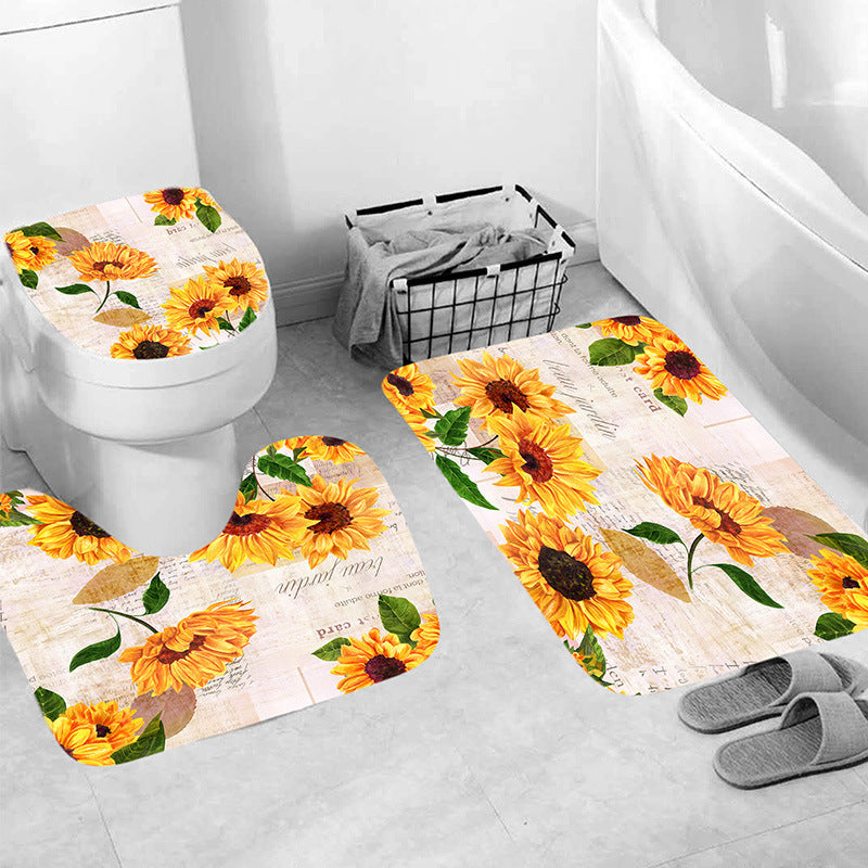 Polyester Printing Sunflower Shower Curtain Bathroom Waterproof Shower Curtain Non-slip Mat Floor Mat Four-piece Set