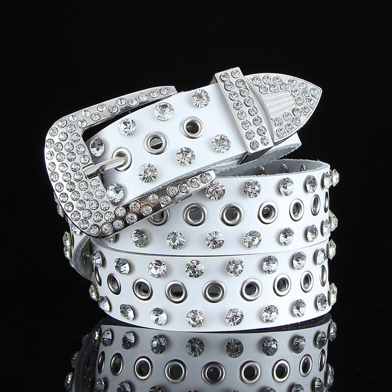 Fashion All-match Black and White Leather Belt With Diamond Leather Wide Leather Belt With Crystals